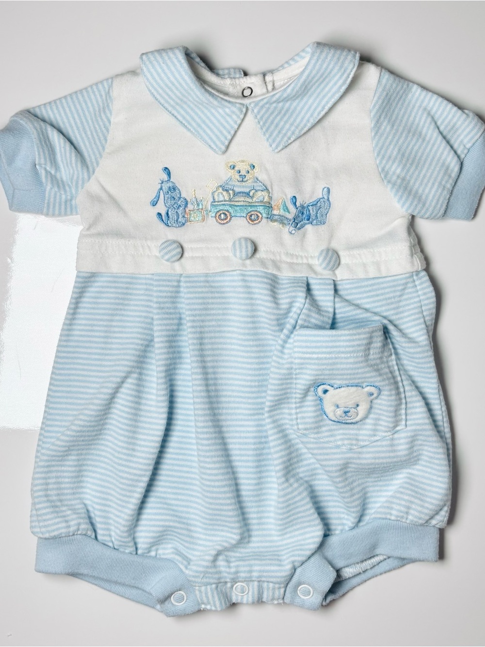 Vintage 90s Expressions Sears Canada Blue Striped Teddy Bear Romper Size 0-3M